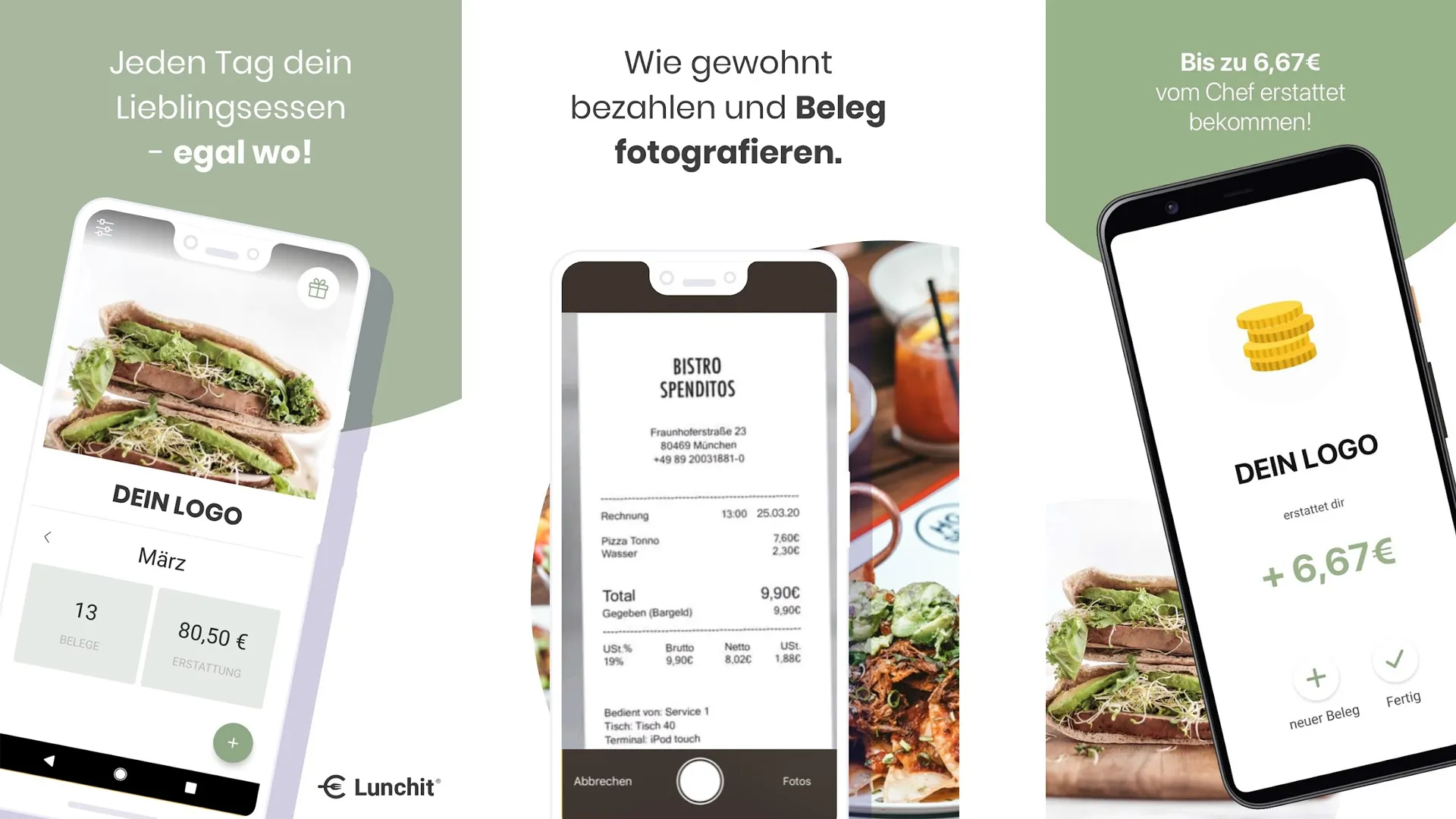 Three screens of the Lunchit app, showcasing the main functionalities and ease of ordering food.